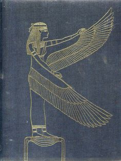 an ancient egyptian book with gold foil on the front and back cover, depicting a winged bird