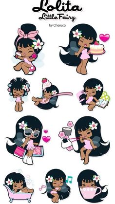 cartoon character stickers for girls with different hair styles and colors, including black hair