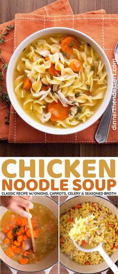 chicken noodle soup in a white bowl with carrots and noodles