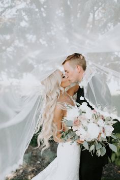 a bride and groom kissing under a veil