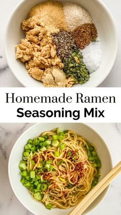 the ingredients for homemade ramen seasoning mix are in bowls with chopsticks