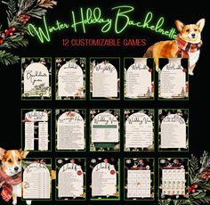 a christmas themed table plan with a corgi