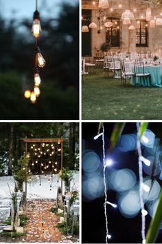 four different pictures with lights hanging from the ceiling and chairs on the ground in front of them