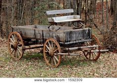 an old wooden wagon in the woods with two benches on it and leaves all over the ground