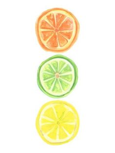 three slices of lemon, orange and lime are shown in this watercolor painting on paper