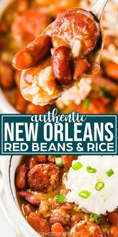 a spoon full of red beans and rice with the title above it that reads authentic new orleans red beans and rice