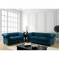 Stanford CM6269TL-LV Love Seat By Furniture Of AmericaBy sofafair.com Transitional Sofa, Teal Living Rooms, 3 Piece Living Room Set, Teal Sofa, Living Room Trends, Tufted Sofa, Furniture Of America, Loveseat Sofa, Nailhead Trim