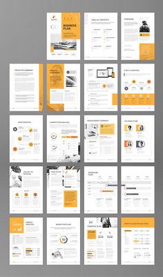 a bunch of different types of brochures are shown in this image, including orange and