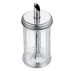 a glass jar with a metal lid and a toothbrush holder in the middle on a white background