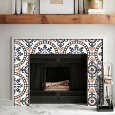 the fireplace is decorated with blue and white tiles, along with other decorative items such as vases