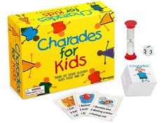 the card game charadess for kids is in its box and ready to be played