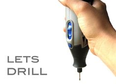 a hand holding a drill with the words let's drill on it in front of a white background