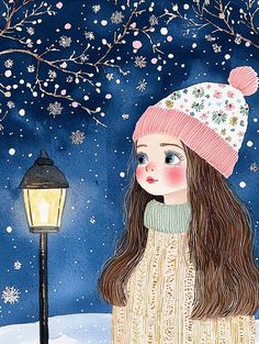 a painting of a girl standing in the snow next to a street light and tree