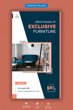 the front and back cover of an elegant furniture store brochure, with a blue couch