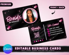 two business cards with the name and image of a woman in pink, black and white