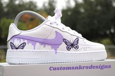 Custom Purple Butterfly Drip AF1 💜 Butterfly design/Color is only on the outer part of the sneakers  Free US Shipping! Processing time is 2-3 weeks (all orders are made to order). Express shipping does not change the processing time. Orders cannot be canceled after is has been 7 days after the purchase date!  Buyers are responsible for any Custom Import Tax Fees (International Orders) Paint used is scratch, chip & waterproof.  *Painted areas that are not leather will only last temporarily due t Tie Sneakers, Painted Nikes, Custom Af1, Custom Painted Shoes, Purple Nikes, Waterproof Sneakers, Swallowtail Butterfly, Custom Air Force 1, Shoe Last