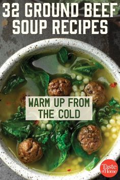 the book cover for soup from the cold, with meatballs and spinach in a bowl