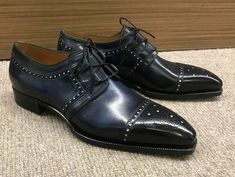 Handmade Men Blue Calf Leather with White Skin Brogue Oxford Lace up Dress Shoes on Storenvy Mens Dresses, Gents Shoes, Formal Dress Shoes, Quality Leather Boots, Shoes Office, Tassel Shoes, Custom Design Shoes, Oxford Brogues, Shoes Formal