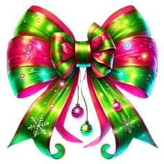 a christmas bow with ornaments hanging from it