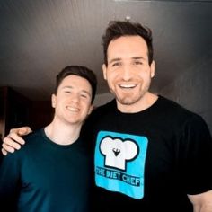 two men standing next to each other in front of a kitchen counter with the words the diet chef on it