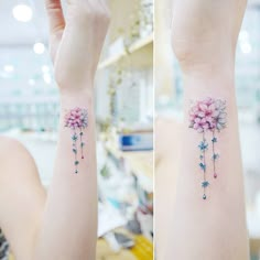 two pictures of the same wrist tattoo with flowers on each arm and an arrow in the middle