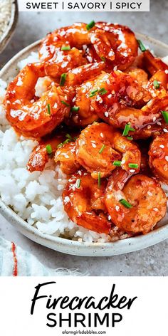 a plate with shrimp and rice on it, next to the words sweet savory spicy