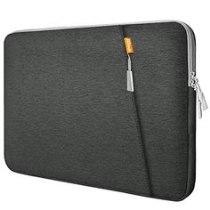 an image of a laptop case with zippers on the front and back side, in dark gray color