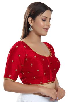 Classic is never old and enough to have in your closet!! Pair this fashionable blouse with a beautiful printed sari and statement neck piece and your are good to go. Product Features: Color: Red Fabric: Silk Work: Embroidered Sleeve length: Short sleeves Collar Type: Round Neck Type: Padded Blouse Style Fit: Regular fit Closure Type Work: Front Open Wash Care: First wash dry clean only Occassion: Festive Product Type: Blouse Disclaimer: There will be slight difference in digital to actual image Red Saree Blouse, Saree Blouses Online, Readymade Saree, Blouse Style, Red Saree, Readymade Blouse, Neck Piece, Buy Buy, Fabric Silk