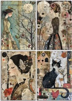 four different paintings with cats and flowers on them