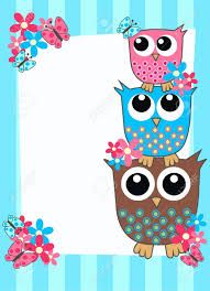 two owls sitting on top of each other with flowers and butterflies around them, against a blue striped background