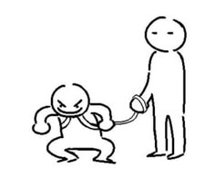 a cartoon drawing of a person holding the hand of another person's head and pulling him