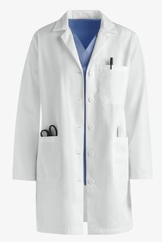 You worked hard for that white coat – and it’s a badge of honor. Ours is traditionally styled for a professional air – notched collar, three patch pockets, stitched down back belt and mid-thigh length. Made of sturdy, easy-care twill • Traditional fit • Notched collar • Button front • Total of 3 pockets • 2 large lower pockets • 1 chest pocket • Long sleeves • Stitched down back belt • Approximate length: 35” Key to a professional-looking lab coat? Durable fabric that resists wrinkles and soil – Lab Coat Fashion, Women's Lab Coats, Doctor Coat, White Lab Coat, Doctor Outfit, Uniform Advantage, Lab Coats, Medical Uniforms, Coat Patterns