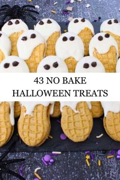 halloween treats with white frosting and chocolate eyes on them are displayed in front of the words, 43 no bake halloween treats