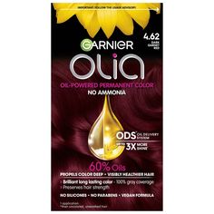 Garnier Olia Permanent Hair Color is an ammonia free, vegan formula that delivers brilliant long-lasting hair dye and 100% gray coverage without compromising the health of your hair. Olia is ammonia free, silicone free, paraben free, and phthalate free. It's Leaping Bunny certified by Cruelty Free International. Powered by a 60% oil blend with sunflower and camellia seed oil and our ODS technology which propels colorants deep into the hair. The formula has a delicate floral fragrance for the mos Olia Hair Color, Garnier Hair Color, Ammonia Free Hair Color, Garnier Olia, Dark Garnet, Velvet Cream, Gray Coverage, Garnet Red, Permanent Hair Dye