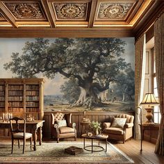 a living room filled with furniture and a painting on the wall