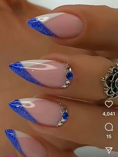 Sapphire Blue And Silver Nails, Teal Color Nails Designs, Nails To Match Royal Blue Dress, Almond Acrylic Nails Blue, Nail Ideas Navy Blue, Navy Gel Nails, Royal Blue Christmas Nails, Electric Blue Nails Design, Birthday Nails Blue