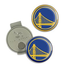 the golden state warriors logo is shown on two matching lapel covers, one with a coin