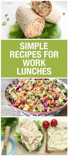 four different images with the words simple recipes for work lunches on them, including sandwiches and salads