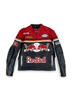 Vintage Motor Jacket, Red Vintage Leather Jacket, Redbull Jacket Vintage, Redbull Racing Leather Jacket, Motorcycle Racing Jacket, Vintage Red Leather Biker Jacket, Aesthetic Clothing Stores