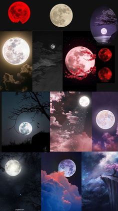 many different images of the moon and clouds