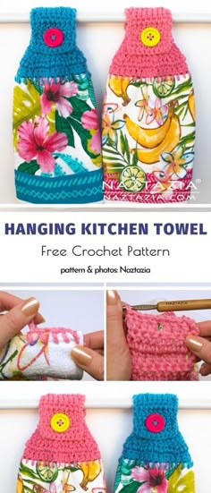 the instructions for how to crochet a hanging kitchen towel with this free pattern