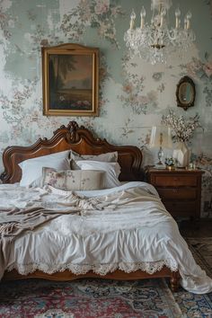 a bed sitting in a bedroom next to a chandelier and a painting on the wall