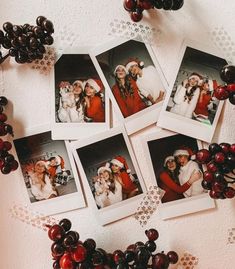 four polaroid frames with pictures of people and dogs on them surrounded by christmas decorations