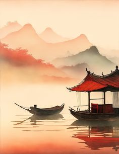 two boats floating on top of a body of water next to a red roofed pavilion