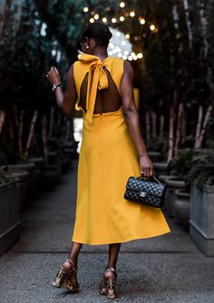 NYFW DAY 3 LOOK 6 Gold Platform Sandals, Gold Platforms, Queen Fashion, Yellow Midi Dress, Gold Chanel, Womens Fashion Inspiration, Brown Girl, Style And Grace