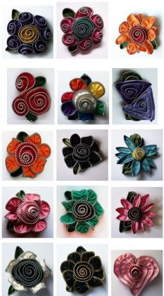 many different types of brooches are shown in this collage, including flowers and leaves