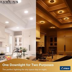 a kitchen with white cabinets and lights on the ceiling is featured in this brochure