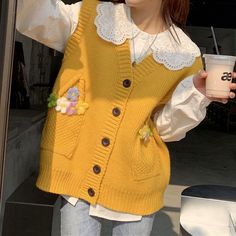 Shipping: Worldwide Express Shipping AvailableDelivery time: 7-15Days Fast ShippingReturns: Fast refund, 100% Money Back Guarantee. Cute Sweater Vest, Knit Vests, Preppy Fashion, Female Tops, Flower Sweater, Women Flower, Vest Women, Yellow Knit, Floral Sweater