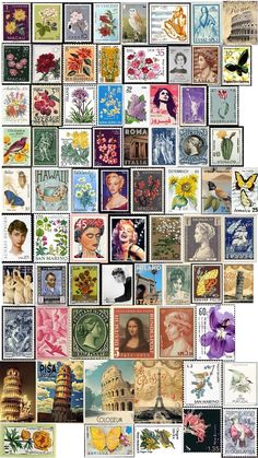 a collage of stamps with different pictures on them