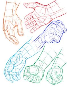 four different colored hands are shown in this drawing